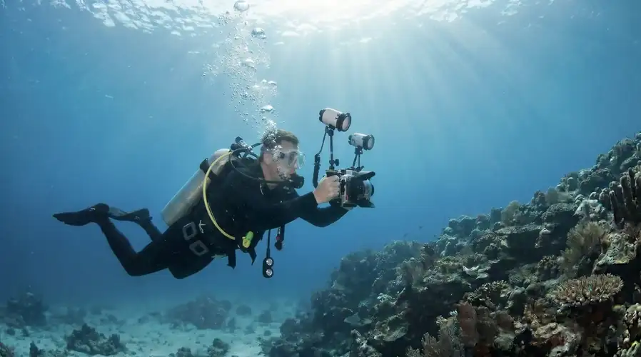 Scuba divers observing marine life at Sipadan Island Orange Wave Resort